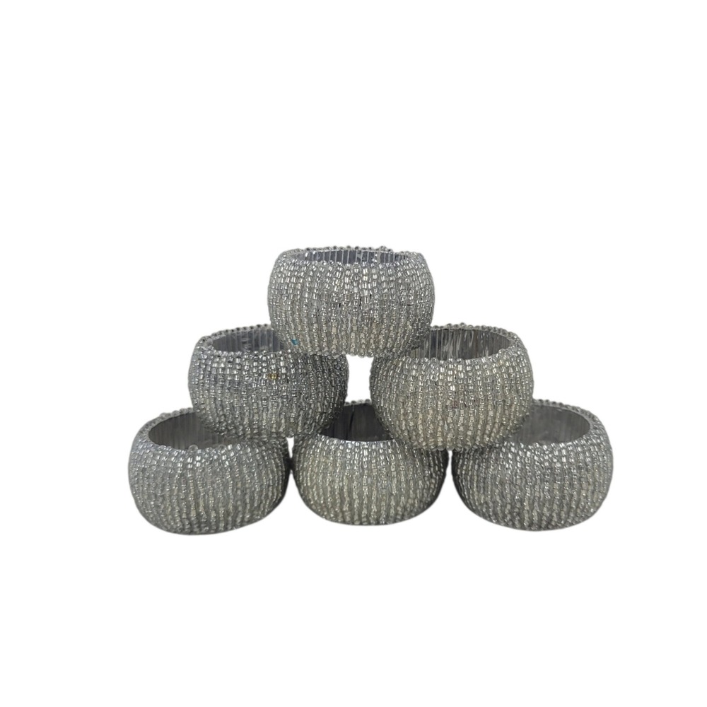Set of 6 Silver Glass Beaded Napkin Rings Metallic Textured Table Decor